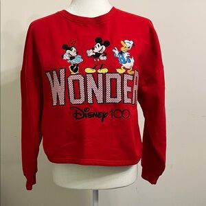 Disney Red Sweatshirt with Mickey, Minnie, and Donald, cropped, size M.